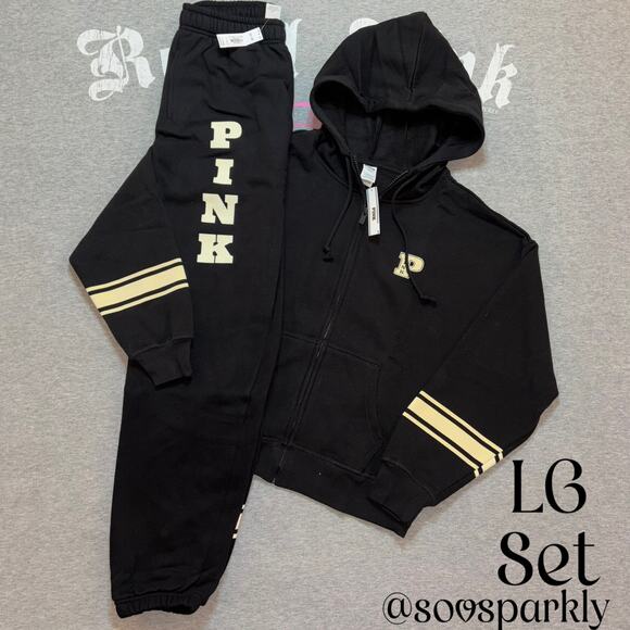 VS PINK Black & Cream Ivy Fleece Full Zip & Matching Campus Sweatpants - LG - Picture 1 of 6